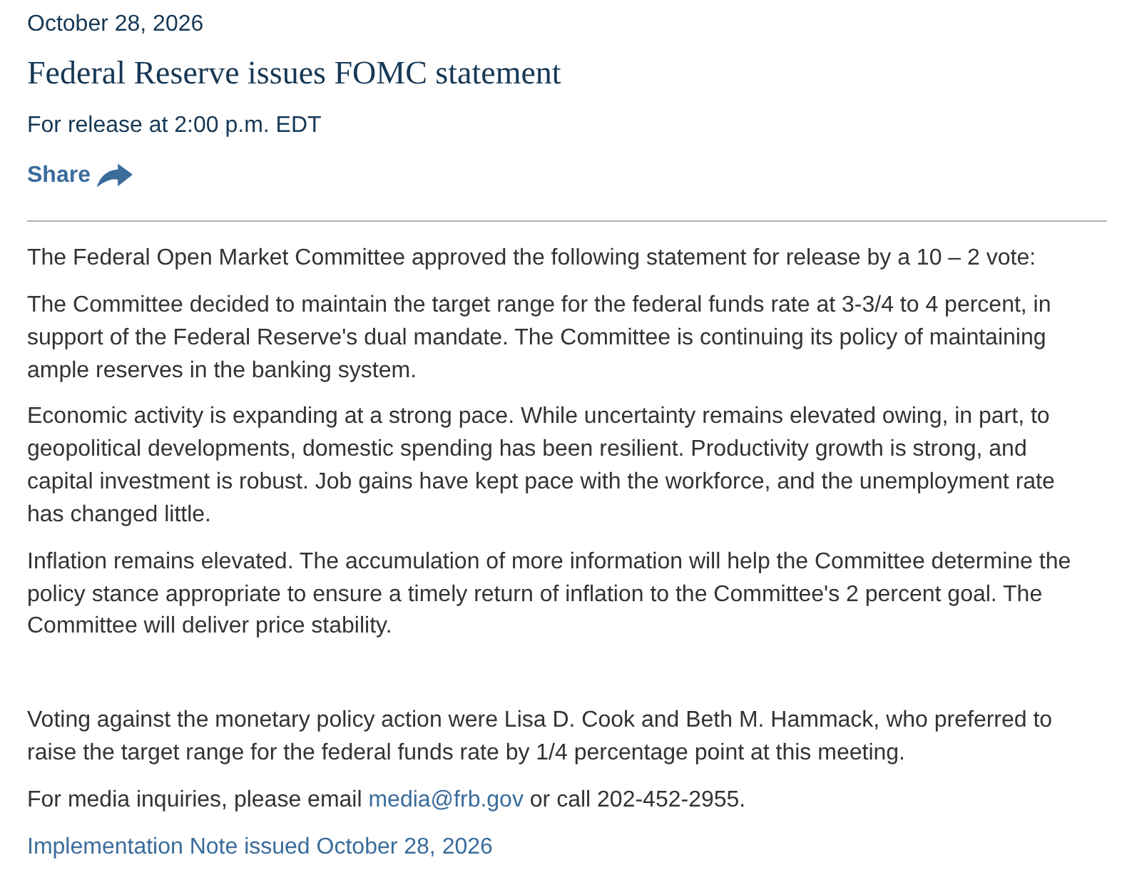 Verklaring van de Federal Reserve van 28 oktober 2026 over het rentebesluit