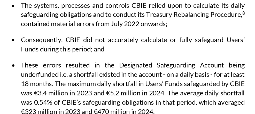 Passage uit de schikkingsnotitie: het tekort op de klantgeldrekening van Coinbase Ireland liep op tot 3,4 miljoen euro in 2023 en 5,2 miljoen euro in 2024