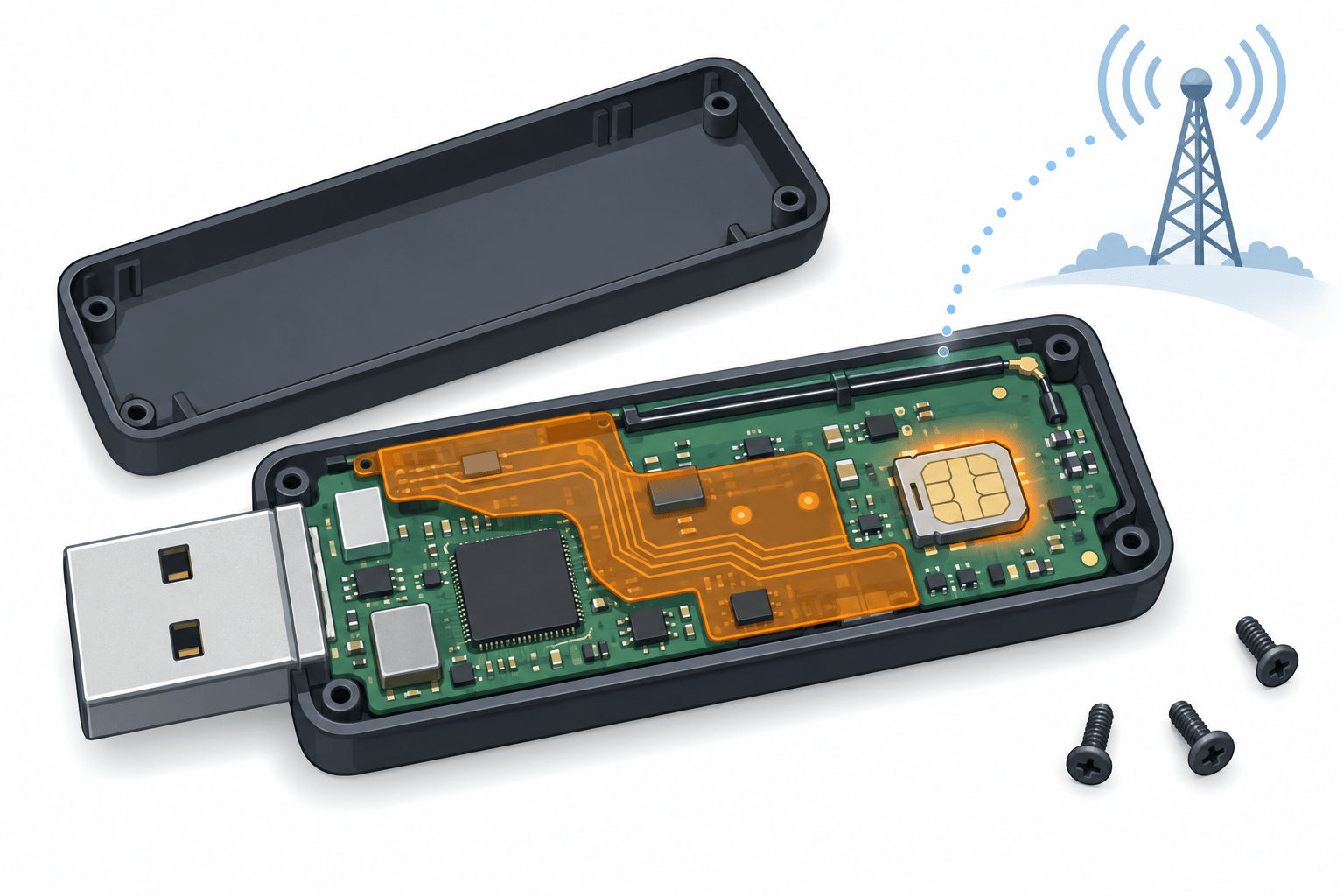 Illustratie van een geopende hardware wallet met een verborgen oranje printfolie, een dunne antenne en een simkaartje dat gegevens naar een zendmast stuurt