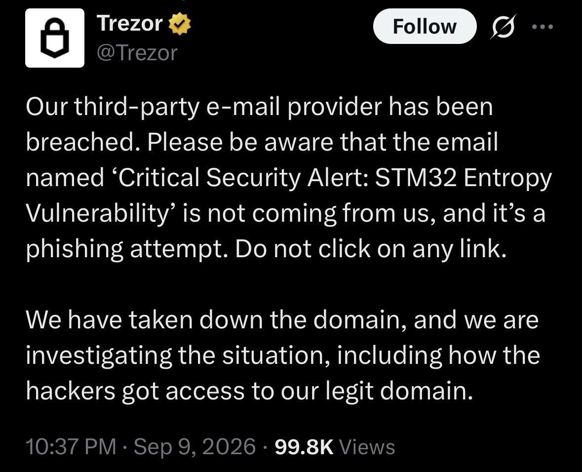 Bericht van Trezor op X met de waarschuwing over de valse e-mail