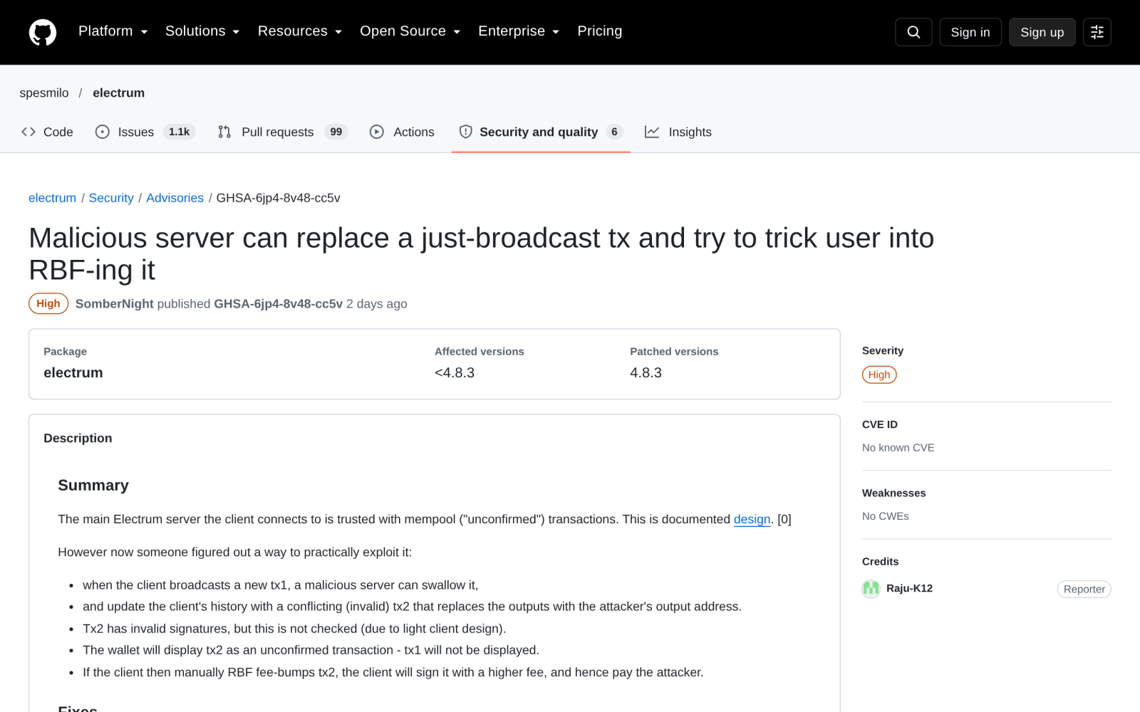 Beveiligingsmelding van Electrum op GitHub over kwaadaardige servers, met ernst 'High' en gepatchte versie 4.8.3