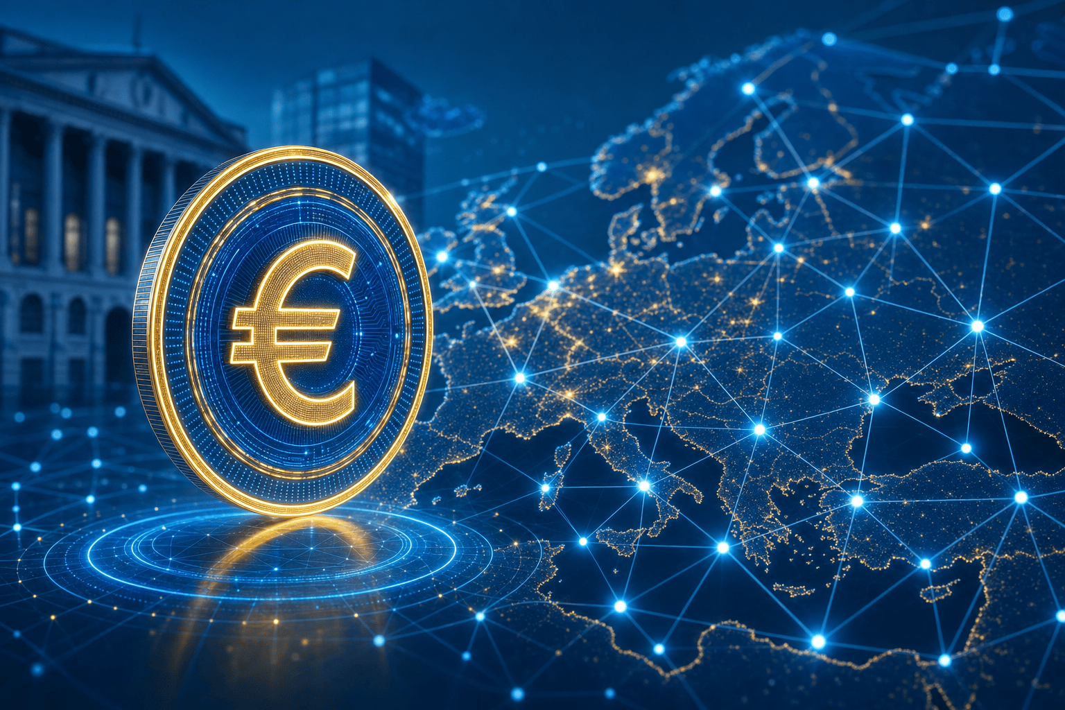 Digitale euro als blockchain-token boven een gestileerde kaart van Europa